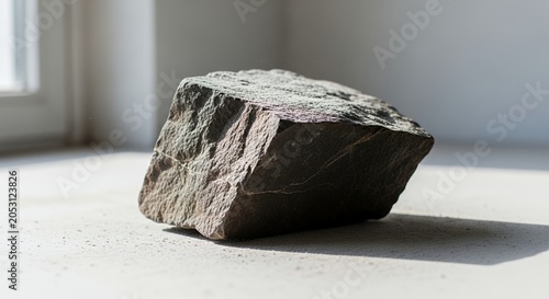 Rough textured rock illuminated by natural light on a light surface.