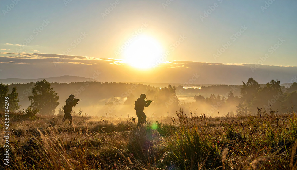 Fototapeta premium Silhouette of soldiers running through a misty field at sunrise, AI generated photo.
