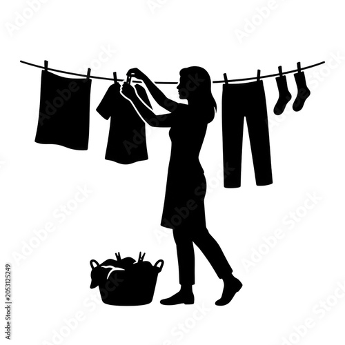 Silhouette of Woman Hanging Laundry on Clothesline with Basket
