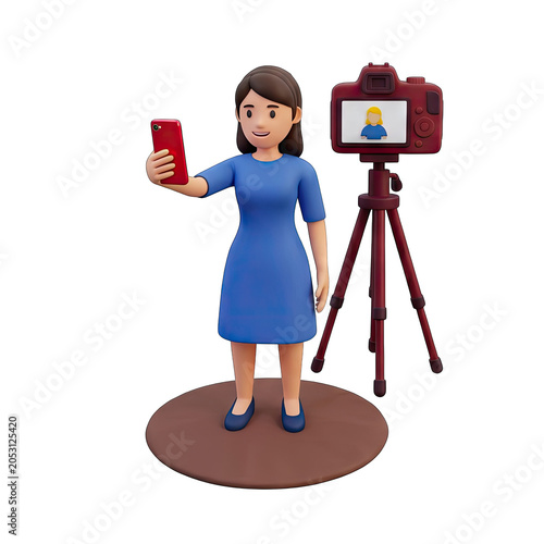 3D Cartoon Woman Recording Video with Smartphone and Camera