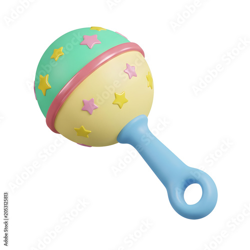 3D render of a colorful baby rattle with stars