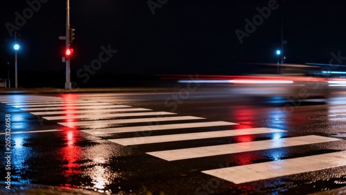 Nighttime wet crosswalk with traffic lights