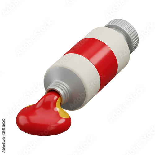 3D render of a paint tube with red and yellow paint squeezed out