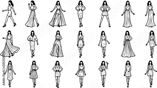 Black and white line art fashion sketches of women in various dresses, 3 rows of 7