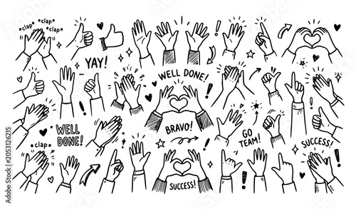 Tableau sur toile Hand Drawn Applause Gestures Vector Collection with Hearts and Business Success