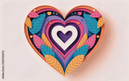 Intricate layered paper heart with colorful leaves and small decorative hearts
