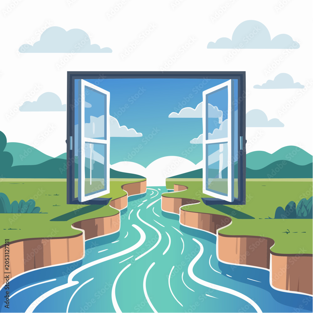 Fototapeta premium Open door to a serene landscape with a winding river flowing through a green valley