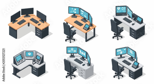 Set of isometric workstations with multiple computer monitors and office chairs, illustrating a modern workspace.