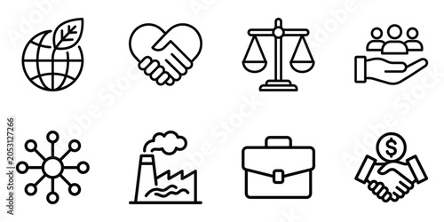 Corporate responsibility and business management icons set for ethics and industry with business