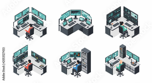 Isometric view of a modern control room with multiple computer monitors and operators working.