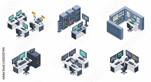 Isometric illustration of modern office workstations and server room setups.