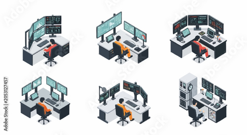 Isometric illustration of people working at computer stations with multiple monitors, representing data analysis and monitoring.