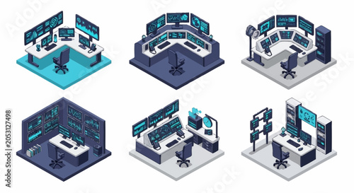 Isometric set of modern control rooms with multiple computer monitors and servers, symbolizing data analysis and surveillance.