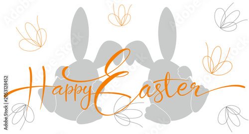 Happy Easter gold calligraphy with a bunny egg background and ribbon decoration. Vector illustration for greeting cards, advertisements, promotions, posters, flyers, and web banners
