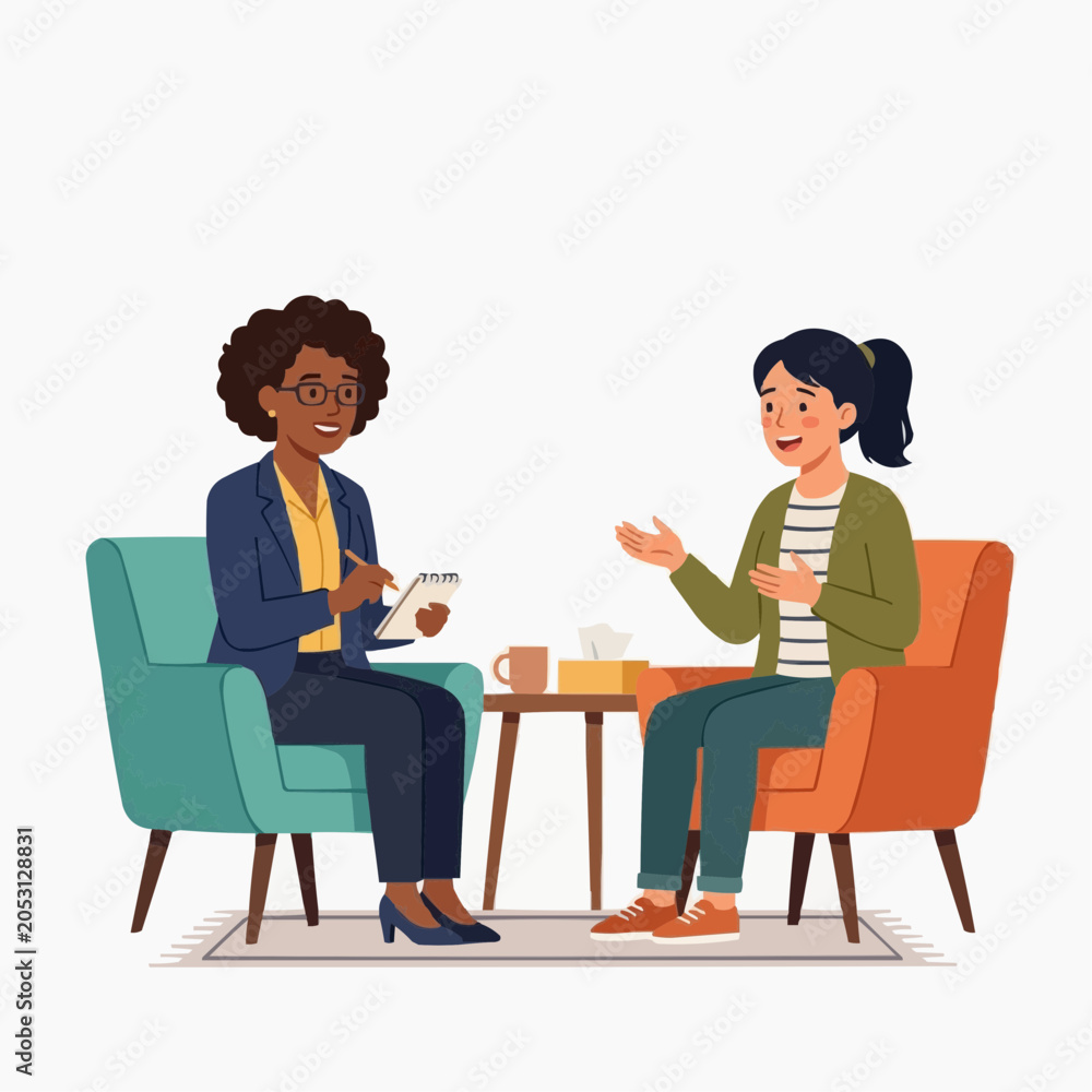 Obraz premium Two women talking and supporting each other in therapy or friendly conversation