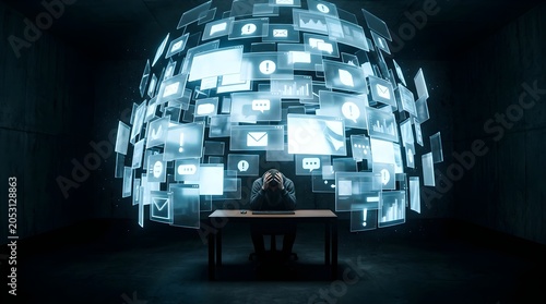 Businessman feels overwhelmed by data floating in a digital work space.