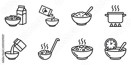 Konstfotografi Breakfast and cooking food vector line icon set with breakfast porridge preparat