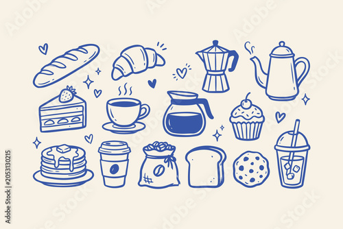 Valokuva Set of cute hand drawn coffee and bakery doodles featuring coffee pots cups croi