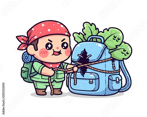 Cute Cartoon Hiker Securing Backpack for Adventure.