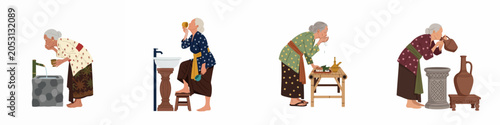 Foto Collection of Illustrations of an Elderly Southeast Asian Woman in Traditional A