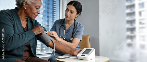 Female nurse checking blood pressure of an elderly Black woman. Senior patient in a deep emerald cardigan receiving medical care by a window with a city view