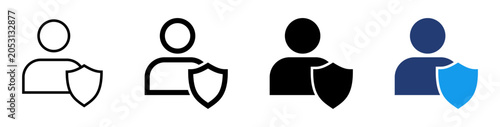 Bild auf Leinwand User Privacy Shield Icon Set : Set of four user and shield icons in outline, solid black, and two-tone blue styles