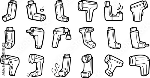 Schilderij op canvas Medical Asthma Inhaler Devices Black and White Line Art Vector Icons Set