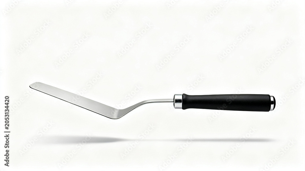 Fototapeta premium A stainless steel spatula featuring flat rectangular blade and smooth black ergonomic handle design.