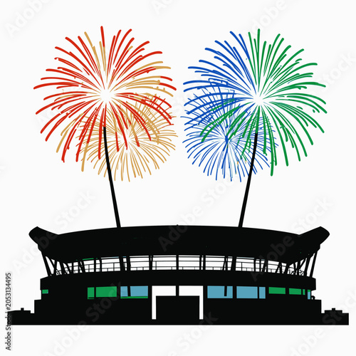 Large modern sports stadium exterior view with celebratory fireworks display. celebration event sport arena festival entertainment venue sky stars lighting show design graphic