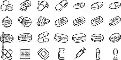 Foto Black  White Line Art Medical and Pharmaceutical Icons Set with Various Medication Forms, Pills, Tablets, Capsules, Syringe, Vial, and Suppositories