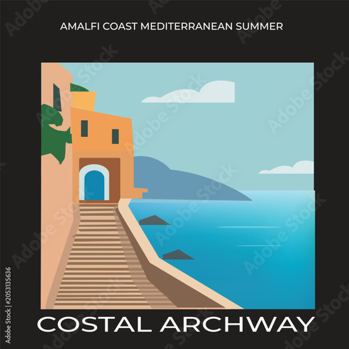 Quadro em tela Amalfi Coast Mediterranean summer travel poster with coastal archway, stone stairs, and blue sea vector illustration