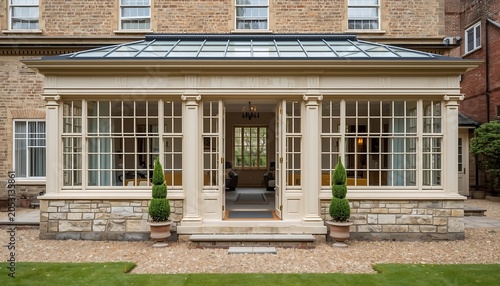 A beautiful, classic orangery extension attached to a traditional brick house, featuring large glass windows, a skylight roof, and elegant stone detailing