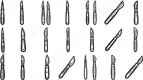 Tableau sur toile Medical Surgical Scalpels and Knives Line Art Set - Hand-drawn Black and White D
