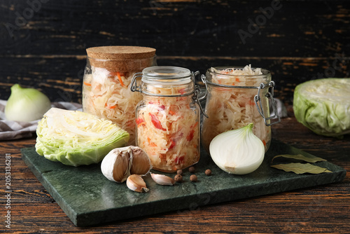 Jars with homemade sauerkra...