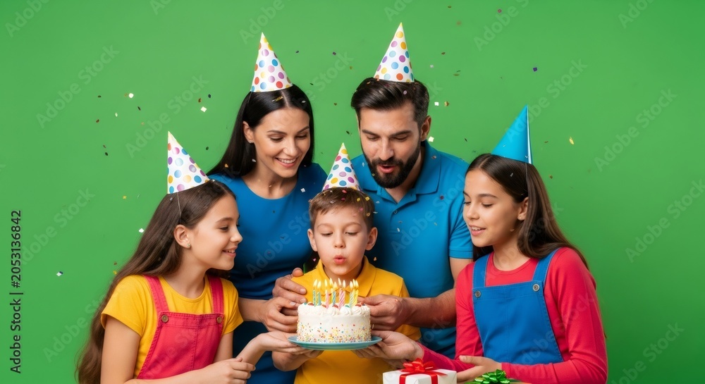 Fototapeta premium Family of four celebrates child birthday. Boy in party hat blows out candles on cake. Party celebration on green screen background.