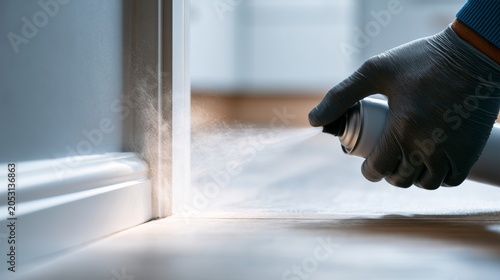 Fine spray mist released along wall seams and door frames, emphasizing home pest prevention.