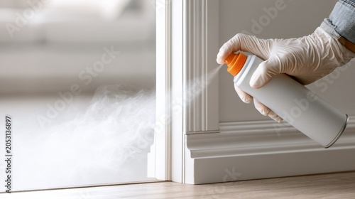 Gloved hand spraying insecticide along door frame edges and floor seams for effective household pest prevention.