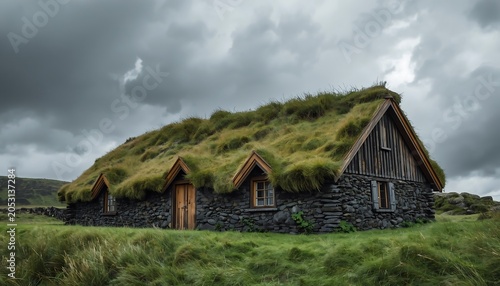 Traditional icelandic turf house with stone walls and grass roof under a dramatic cloudy sky in a rural landscape