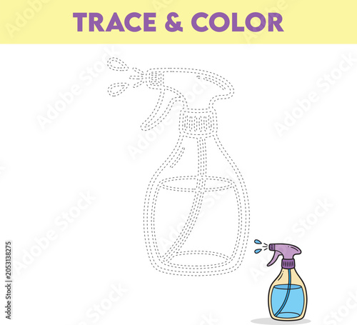 Trace and Color Spray Bottle Worksheet for Kids Printable Cleaning Supplies Activity