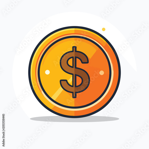 A bright golden dollar coin icon with a flat vector illustration style.