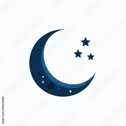Minimalist blue crescent moon icon with three small stars.