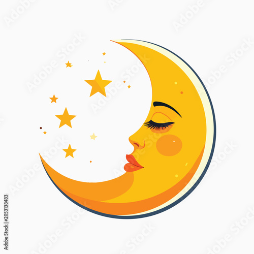 Stylized sleeping crescent moon illustration with stars.