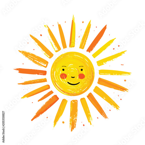 Hand drawn watercolor style sun illustration with a smiling face.