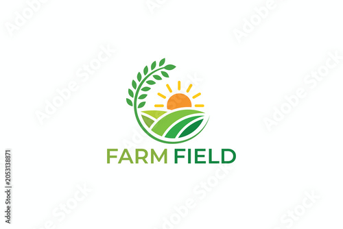 Modern Farm Field Agriculture Wheat Plant Logo Design with Sunrise Circle Vector Template