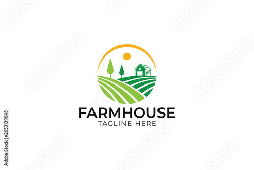 Modern Farmhouse Barn Landscape Agriculture Field Nature Logo Design with Circle Vector Template