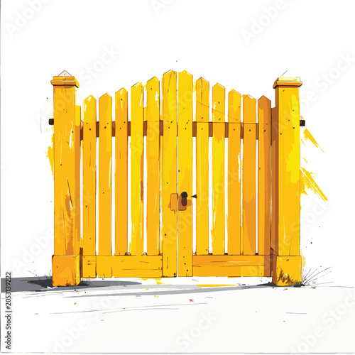 A Bright Yellow Wooden Gate Standing Alone Isolated on White Background.