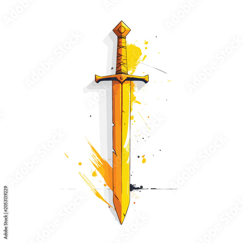 A golden fantasy sword with watercolor paint splatters.
