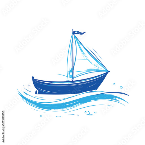 Stylized blue sailboat icon on wavy water illustration.