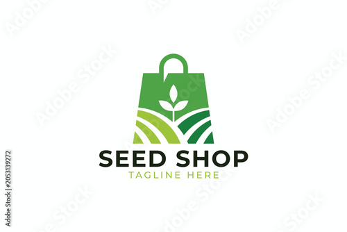 Modern Seed Shop Plant Agriculture Logo Design with Shopping Bag Vector Template