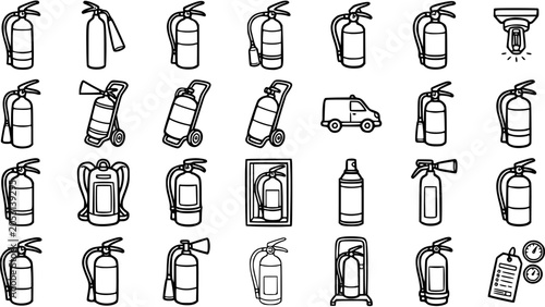 Foto Set of Fire Extinguisher Icons in Black and White Line Art Style, Fire Safety Eq